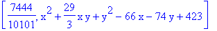 [7444/10101, x^2+29/3*x*y+y^2-66*x-74*y+423]